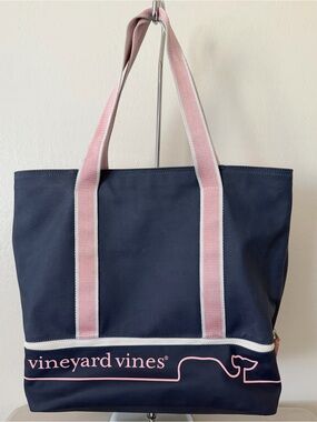Vineyard Vines Navy Canvas Tote with Pink Trim and Straps
